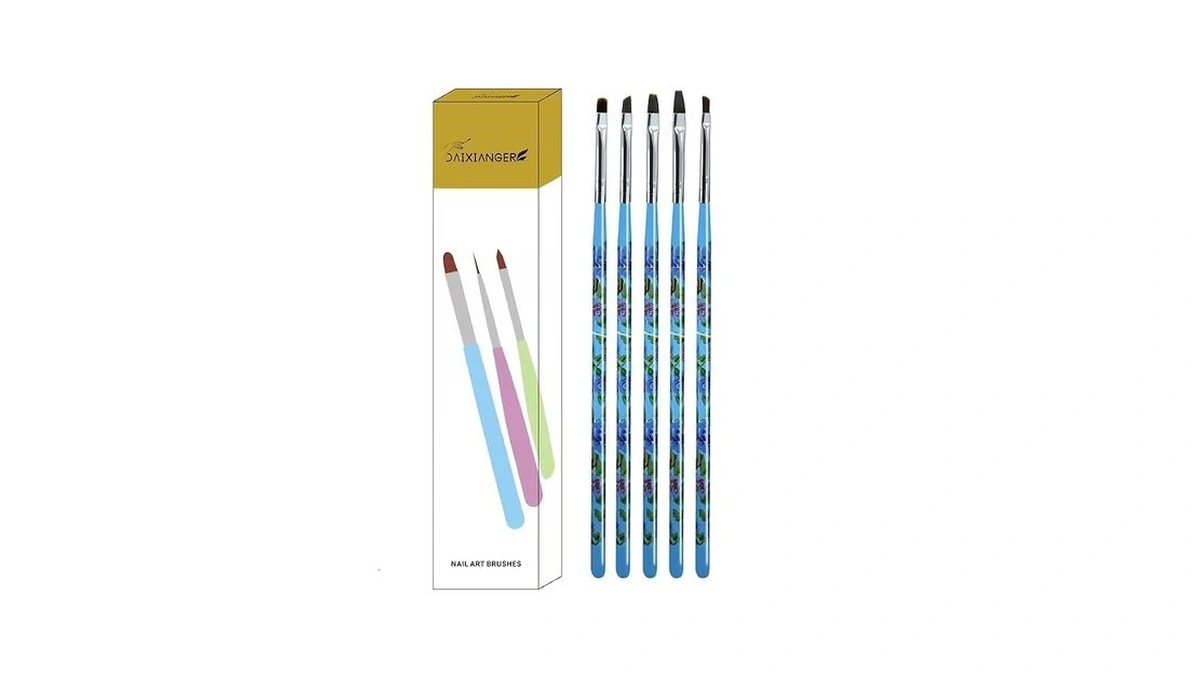 5pcs Uv Gel Nail Brush Set, Floral Handle Flat &