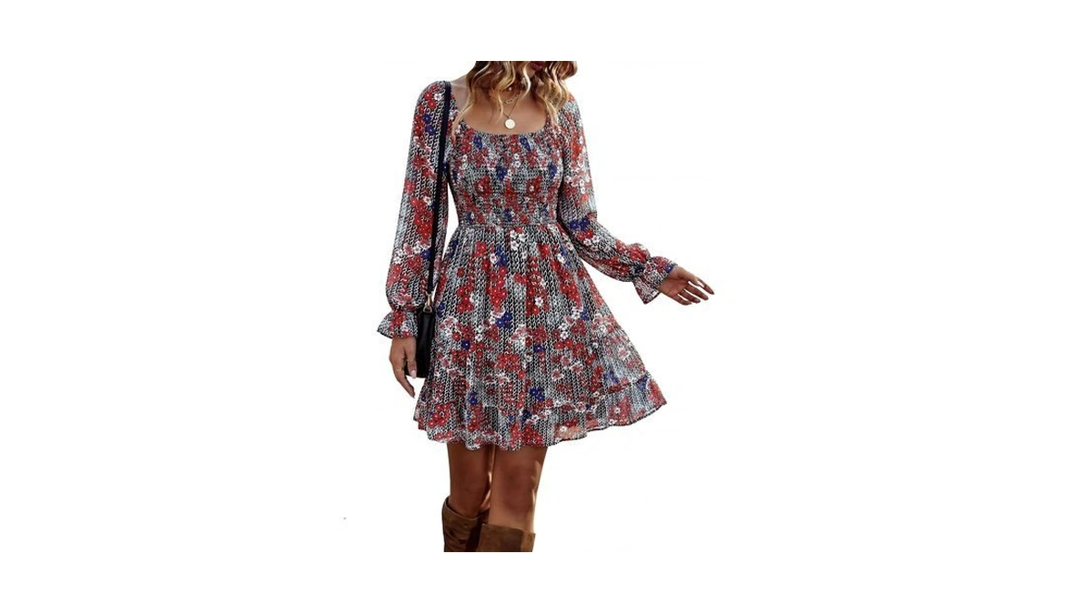 Btfbm Women's Mini Smocked Wedding Guest Dress,print Flower Red,l