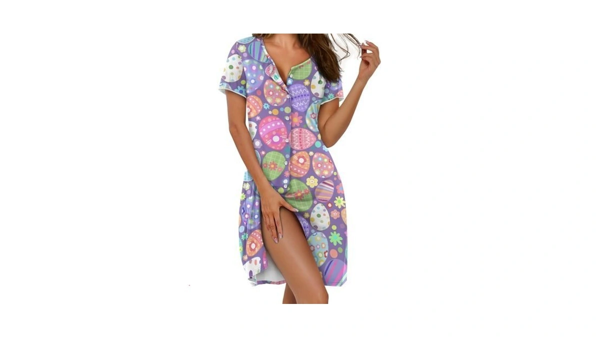 Reanaysto Easter Egg Nightgowns For Women Short Sleeve Button Up