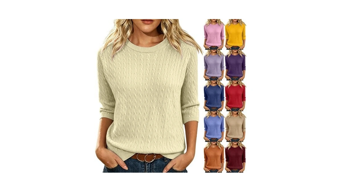 Eoeioa Ladies Blouses 3/4 Sleeve Thermal Knitted Sweater Crew Neck