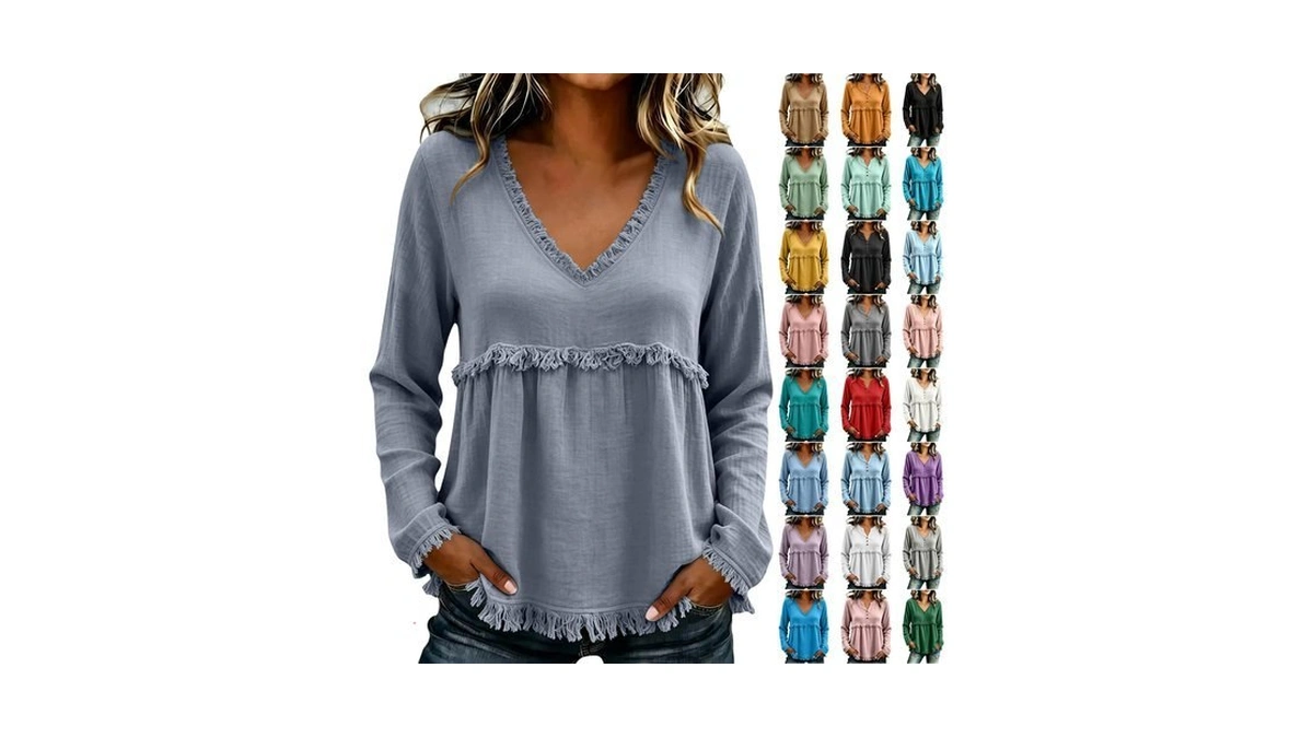 Boho Tops For Women Long Sleeve Fall Shirts Fringe Trim