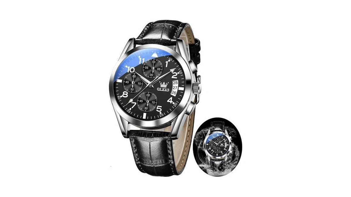 Olevs Watches Men Black Leather Chronograph Watches For Men Big