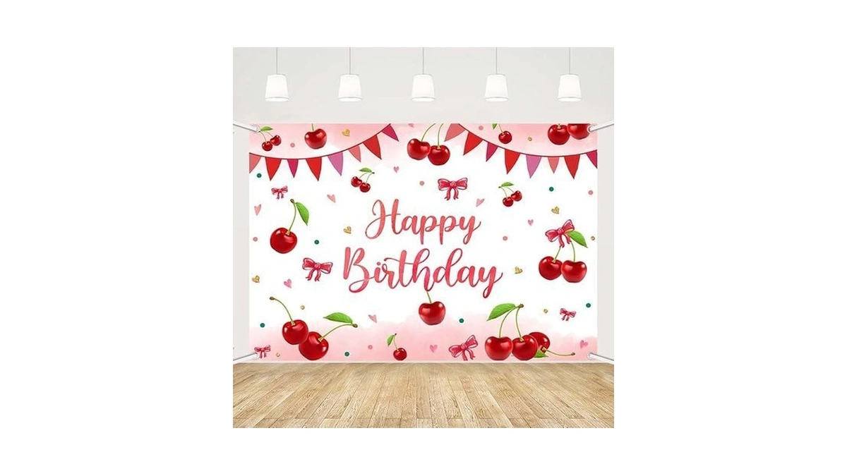 Mehofon Cherry Birthday Backdrop, Coquette Bow Background With Bow Girl