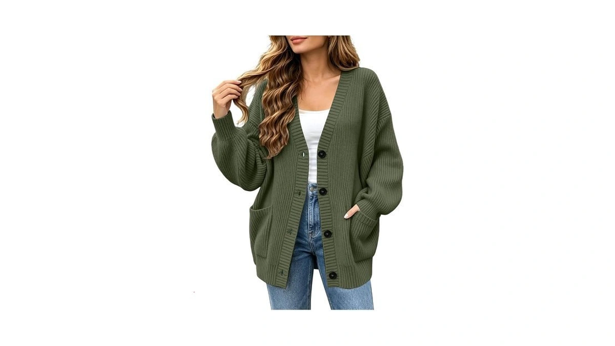 Chunky Cardigan Sweaters For Women Rib Knit Button Front Pockets
