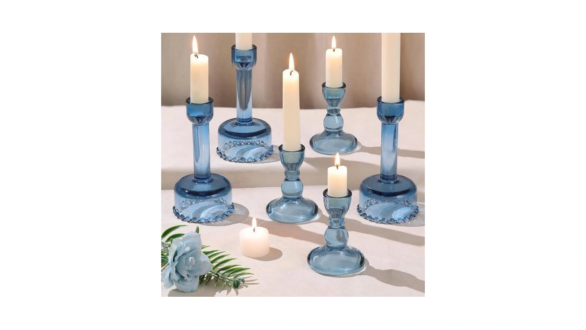 Lanttu 6 Pcs Blue Glass Candlestick Holders Taper Candle Holder