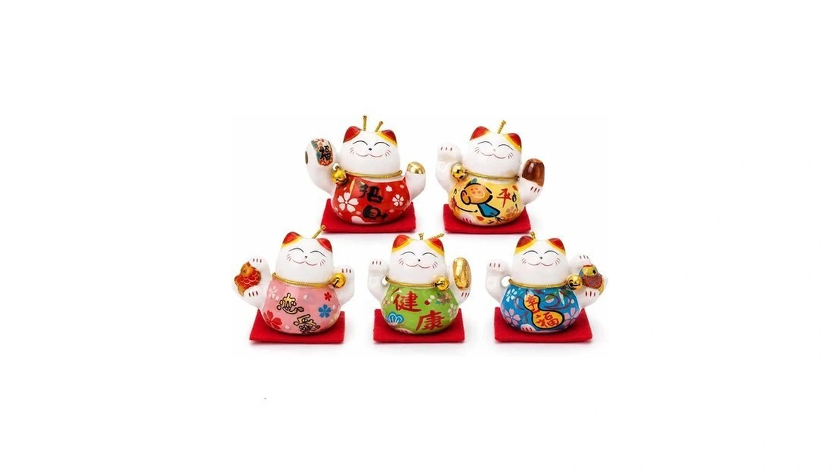Yilooshion Lucky Cat Chinese Ceramic Figurines, Set Of 5 Mini