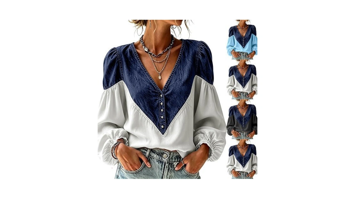 Long Sleeve Shirts For Women V Neck Ruffles Color Block