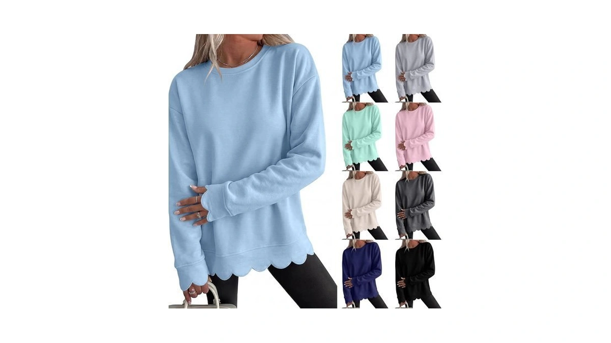 Crew Neck Sweatshirt For Women Scalloped Warm Office Drop Shoulder