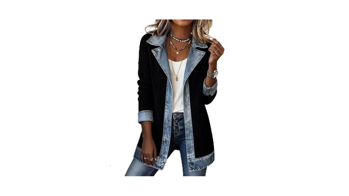 Denim Blazer For Women Collared Patchwork Jackets Knit Cardigan