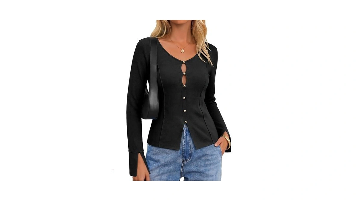 Ecowish Keyhole Cutout Fitted Sweaters For Women Lightweight V Neck
