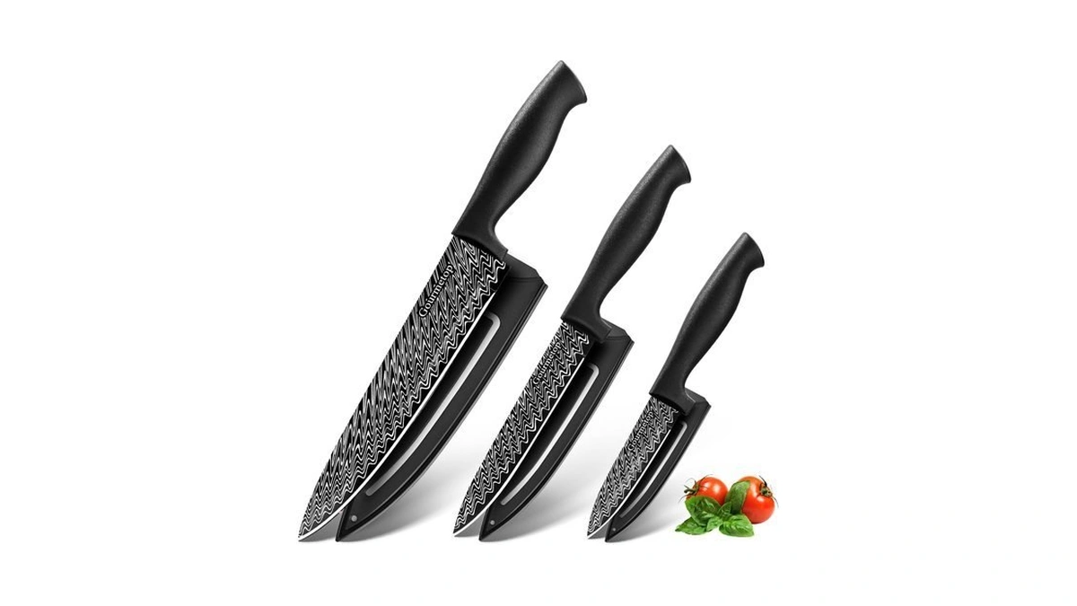 Gourmetop 3pcs Kitchen Knife Set With Cover, Sharp Black Knives