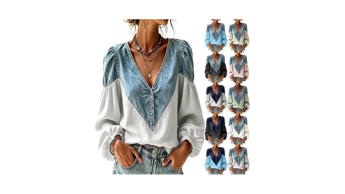 Women's V Neck Top Puff Long Sleeve Patchwork Button Denim