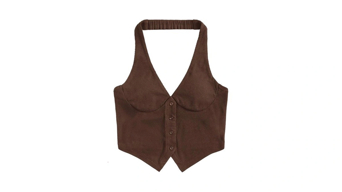 Makemechic Women's Halter Tops Crop Corduroy Button Down Sleeveless Going