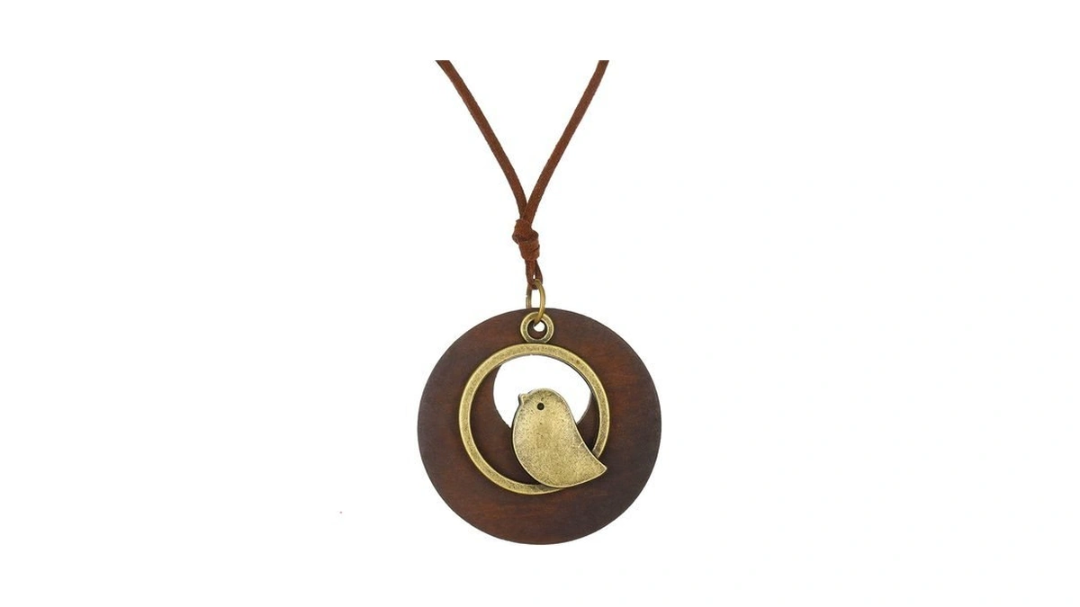 Yndvac Bohemian Wood Bird Pendant On Adjustable Brown Rope Necklace,