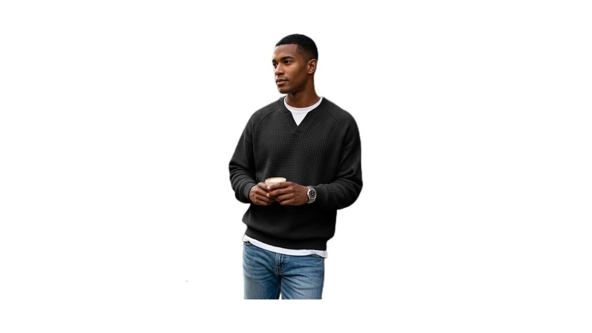 Baggy Long Sleeve Shirt Men Waffle Knit Tops V Neck