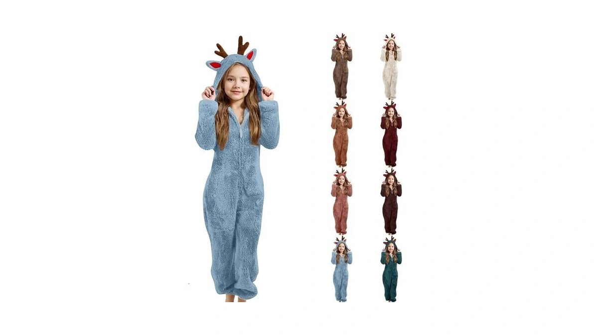Toddler Kids Animal Onesie Christmas Fleece Hooded Zip One Piece