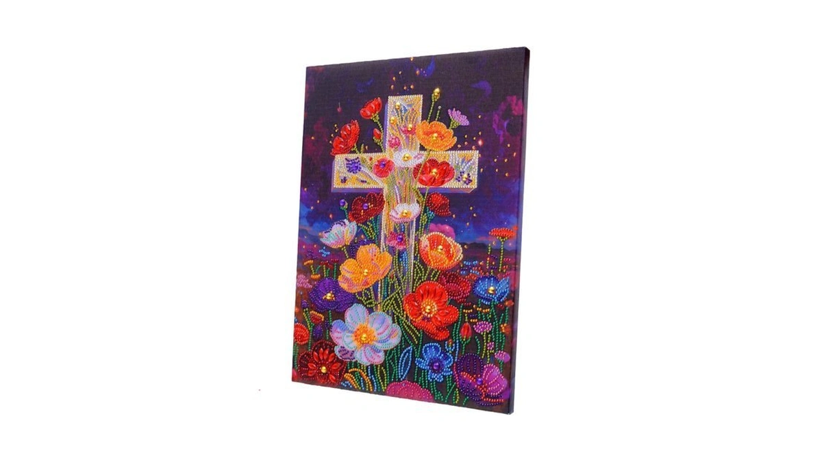 Framed Diamond Art Kits For Adults, Christian Floral Cross, 12x16