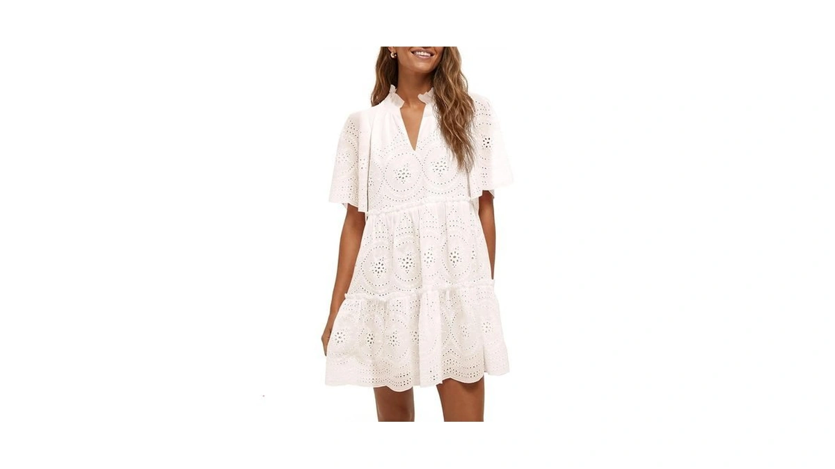 Wenrine Womens Summer Eyelet Dress Short Sleeve Babydoll Lace Mini