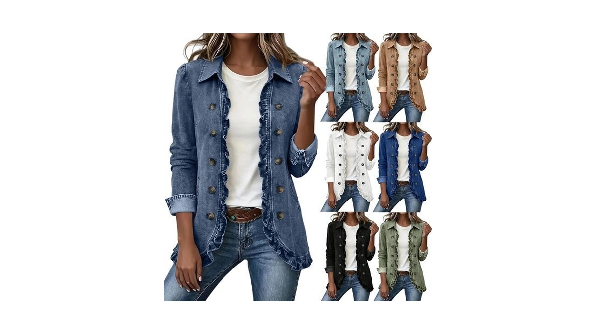 Terghtp Womens Denim Jacket Ruffle Double Breasted Vintage Jean Jackets
