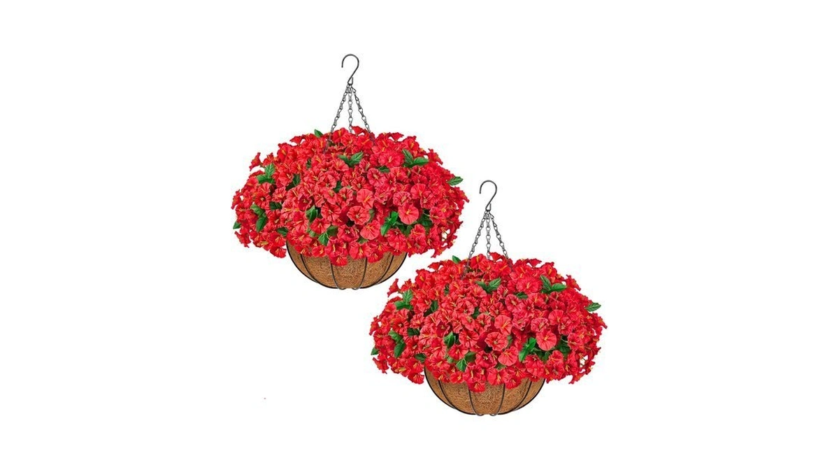 Ttq 2 Pack Artificial Hanging Flower Baskets For Outdoor Decor,red
