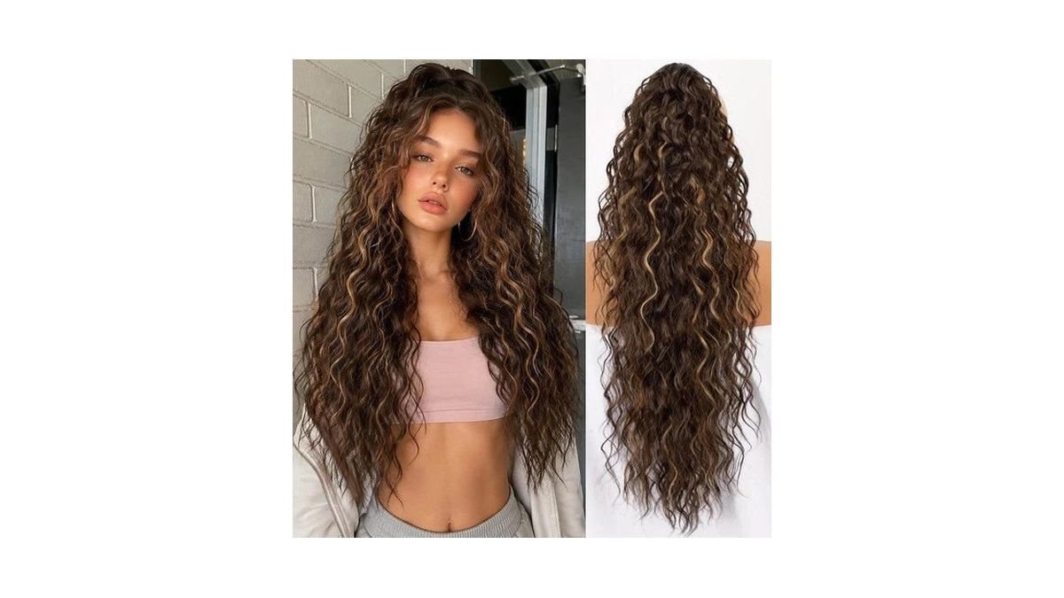 30 Inch Drawstring Long Wavy Ponytail Extension Highlight Honey Blonde
