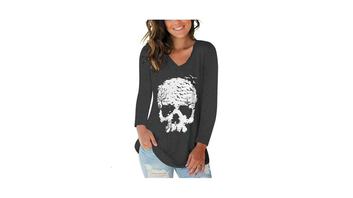 Women Novelty Shirt Skull Print Horror Tees Funny Graphic Casual