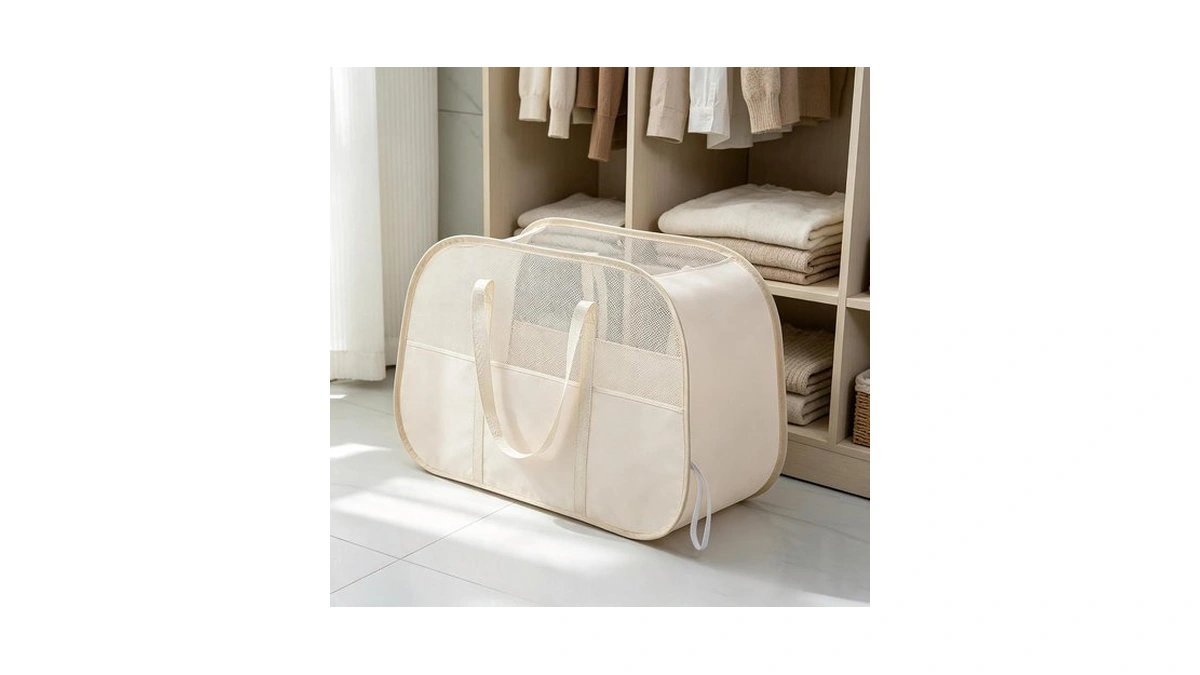95l Mesh Spliced Laundry Hamper-beige