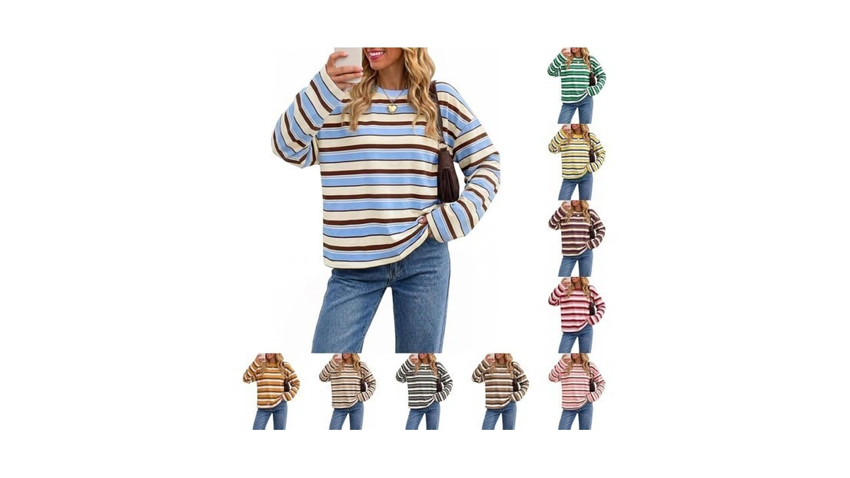 Striped Sweatshirt Women Crewneck Color Block Comfy Pullover Sweatshirt