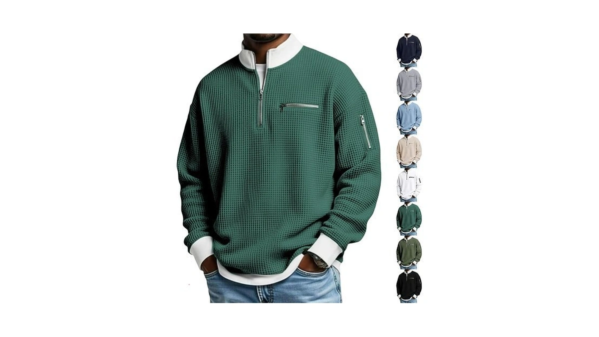 Men's Daily Loose And Simple Waffle Half-zip Stand Collar Long-sleeved