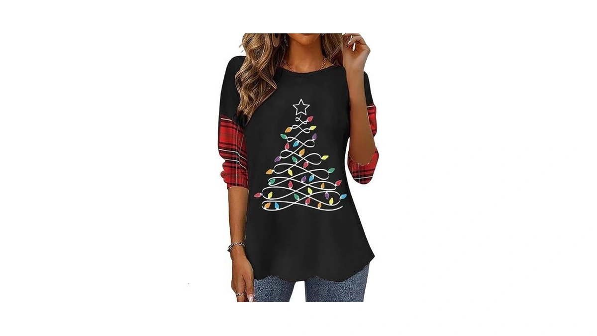 Women Christmas Lights Graphic Shirt Xmas Tree Holiday Tee,black2,2l