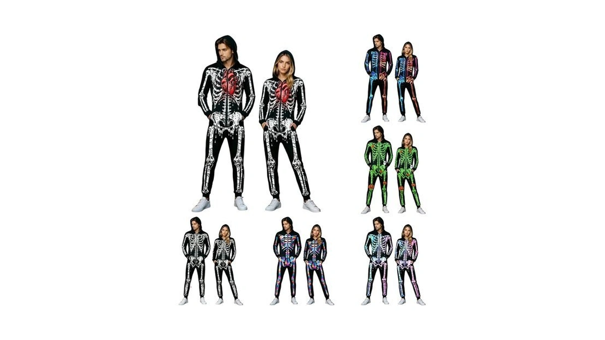 Gahiedim Skeleton Costume,skeleton Costume Adult Hooded Zip‑up Jumpsuit Halloween Pajamas