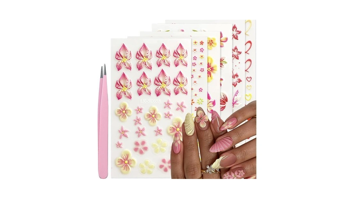 Votacos Red Flower Nail Art Stickers 5d Embossed Wildflowers Heart