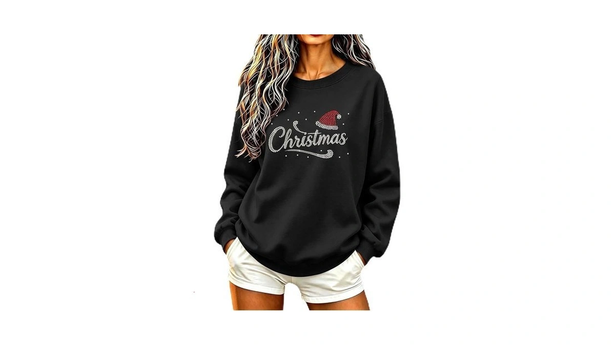 Womens Christmas Sweatshirt Shinny Sequin Rhinestone Xmas Shirt Sweater