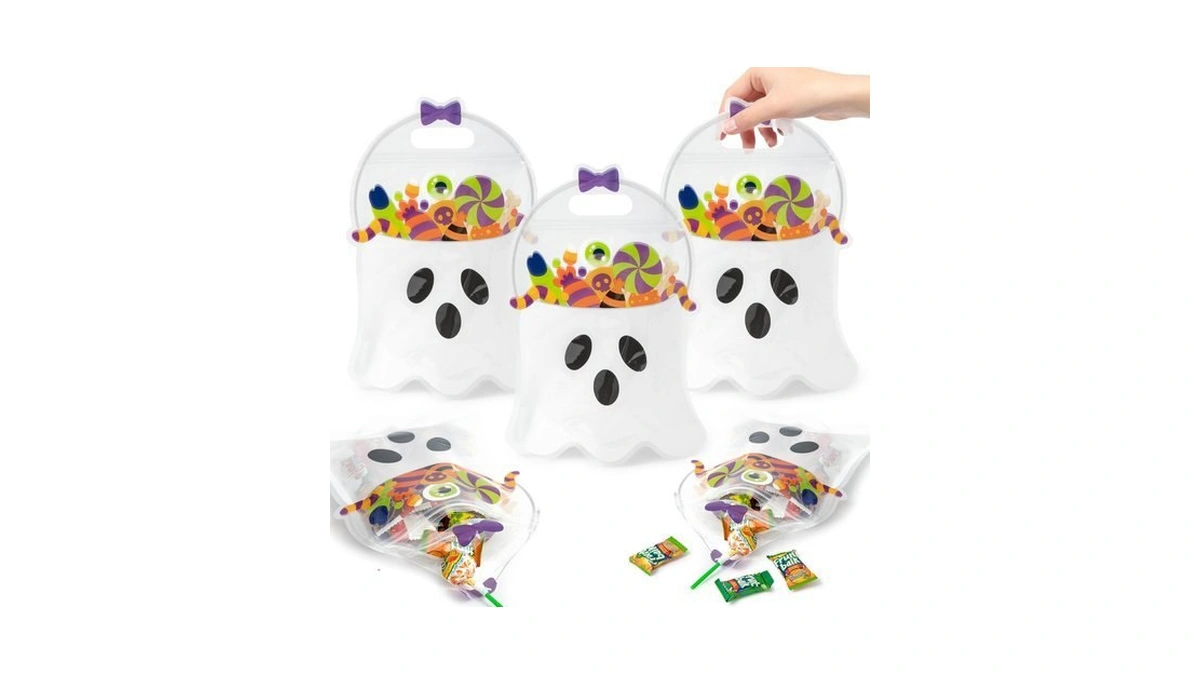 H1vojoxo 50pcs Halloween Bags Plastic Halloween Treat Bags With Handles