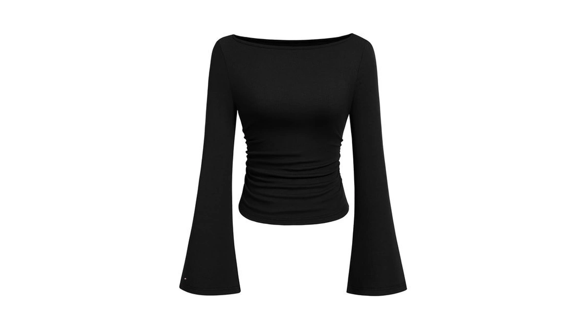 Prettygarden Womens Bell Long Sleeve Ribbed Knit Tops,black,l
