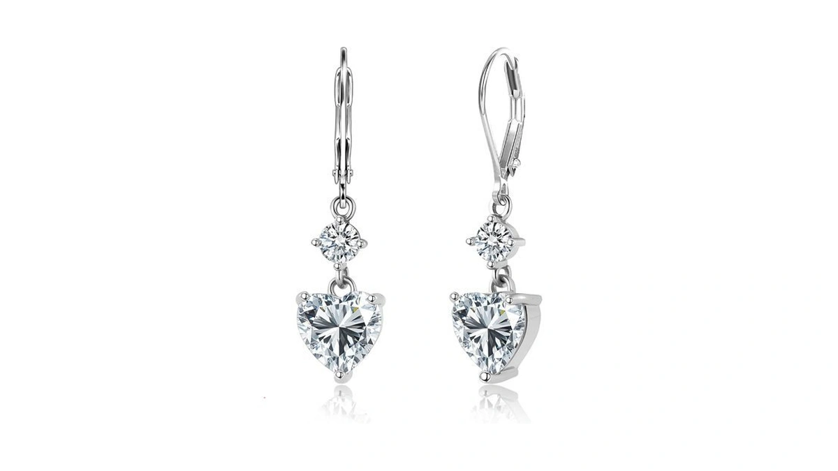 Silver Heart Dangle Diamond Cubic Earrings For Women, 925 Sterling