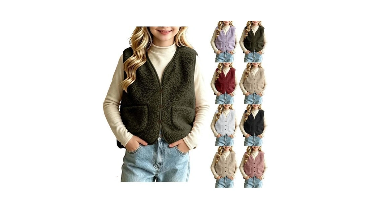 Girls Sleeveless Sherpa Jacket Fuzzy Fleece Cardigan Pocket Warm Outerwear