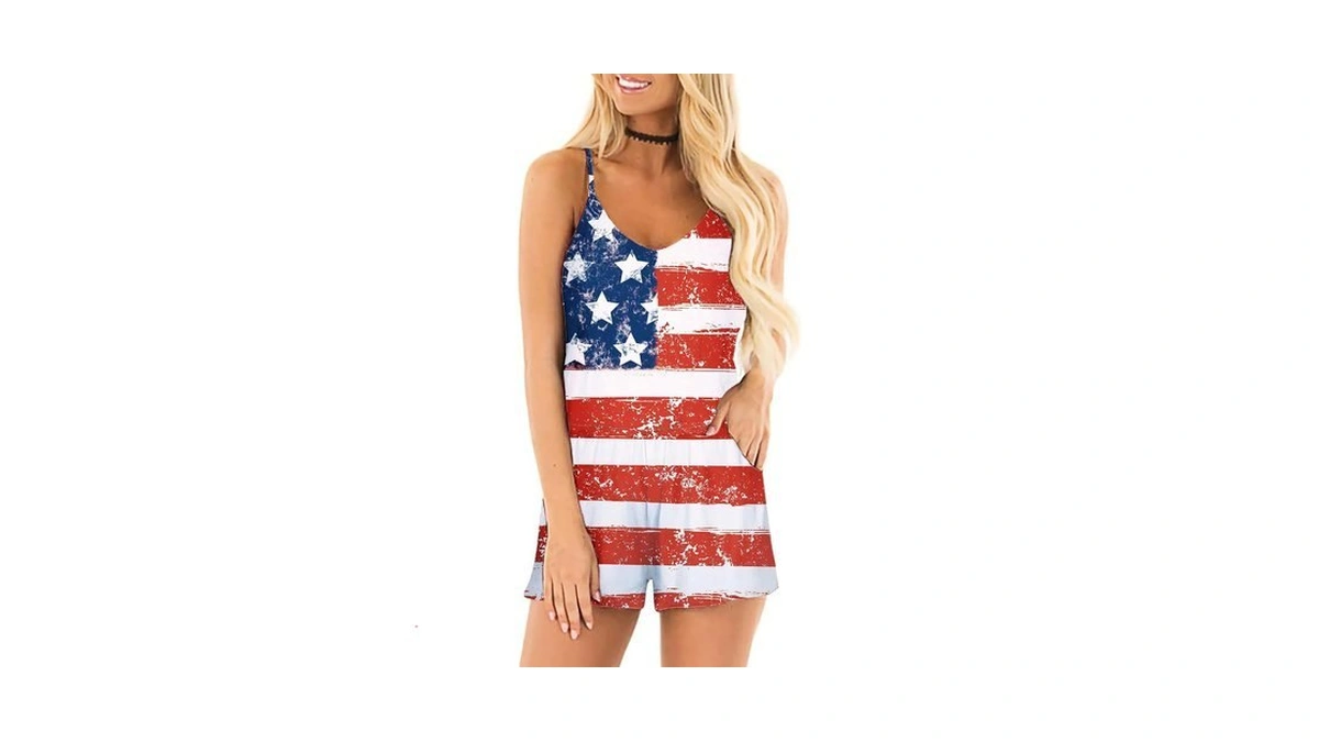 Raisevern Women Romper American Flag 4th Of July Short Jumpsuit