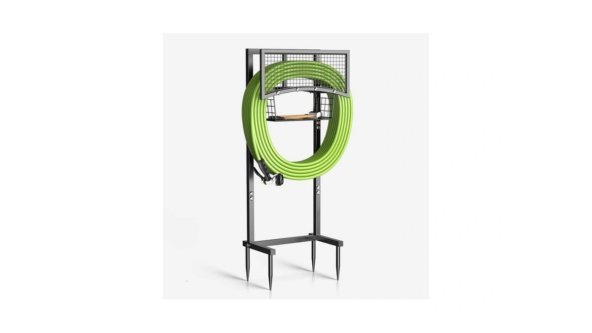 Mlicawu Garden Hose Holder Freestanding With Storage Basket, Holds Up
