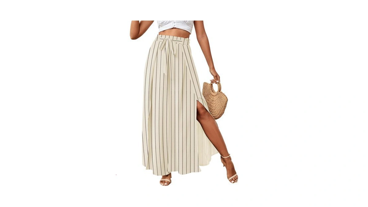 Lyaner Women's Tie Front Casual Long Pants Champagne Gray Stripe