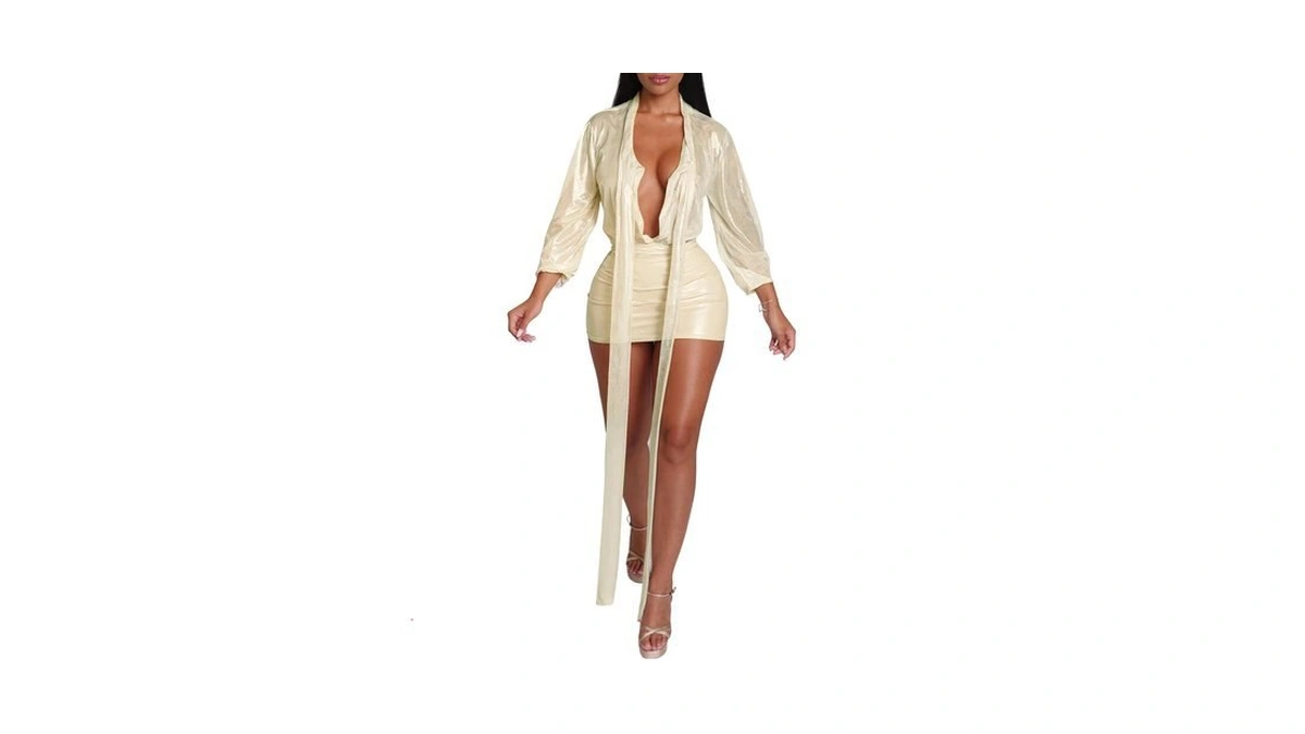 Geulis Women Deep V Neck Bodycon Mini Dress Long Sleeve