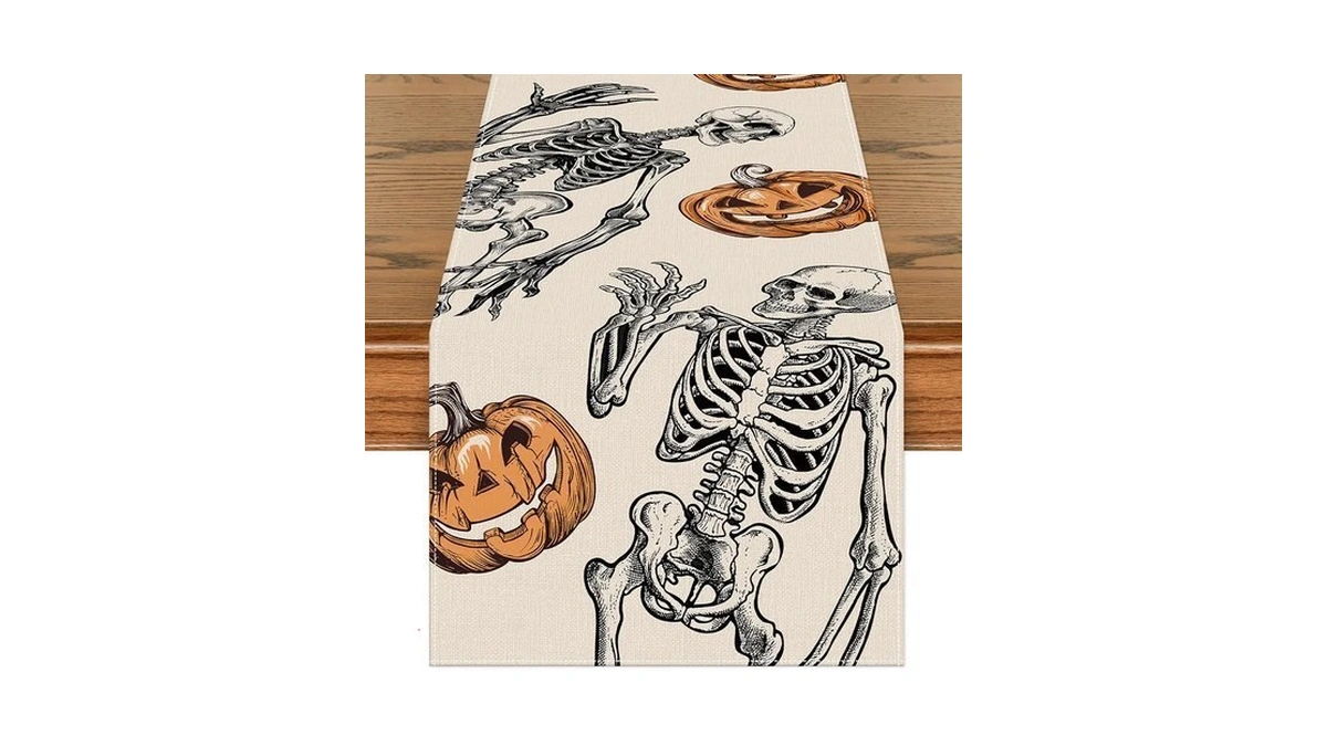 Fingooo Halloween Table Runner 72x13 Inch, Beige Pumpkin Skeleton Kitchen