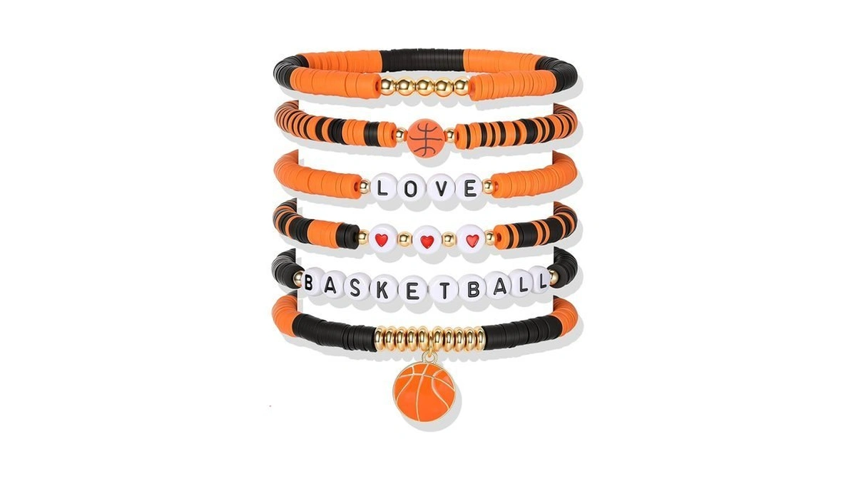 Poasrelax Basketball Beaded Bracelet Stack Orange Black Gold Layered Stretch