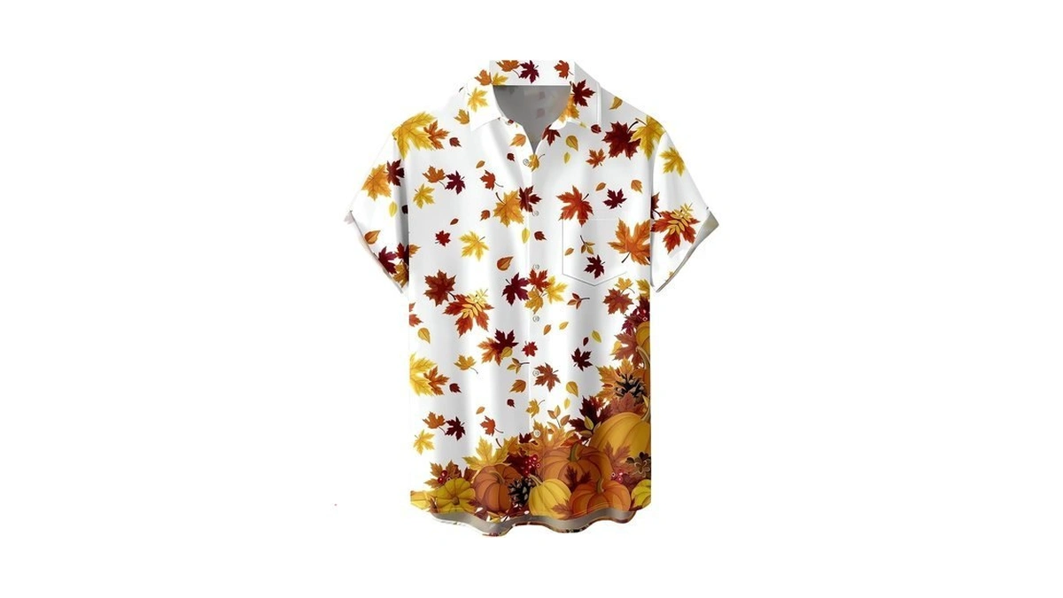 Thanksgiving Shirts For Men Pumpkins And Autumn Leaves Print Short