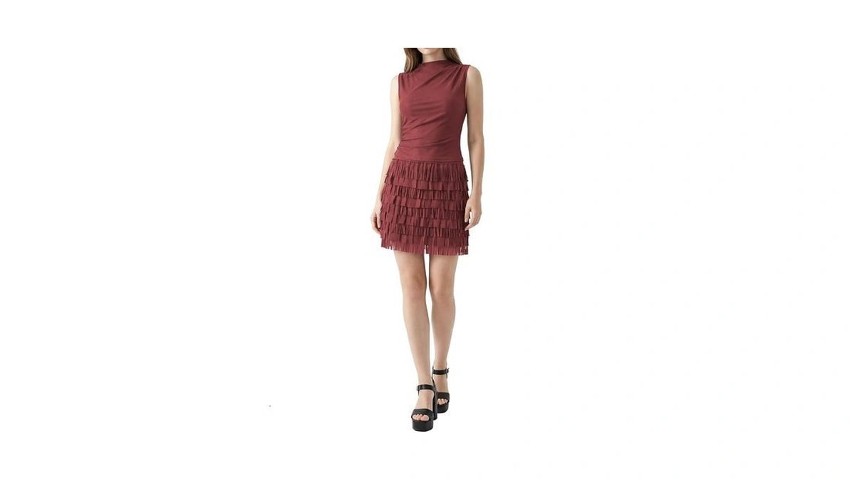 Octmoon Women's Sleeveless Pleated Halter Dress With Fringe Skirt Trendy