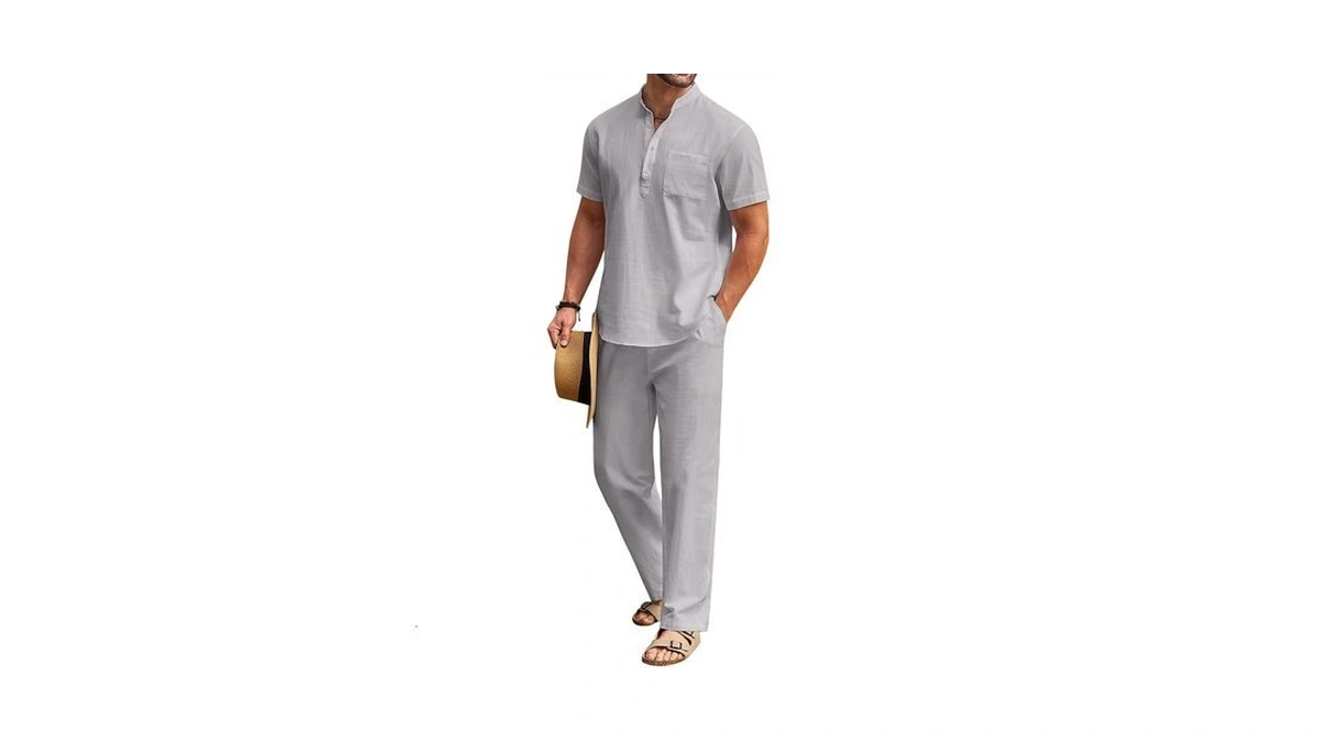 Coofandy Men's 2 Pieces Cotton Linen Set Casual Short Sleeve