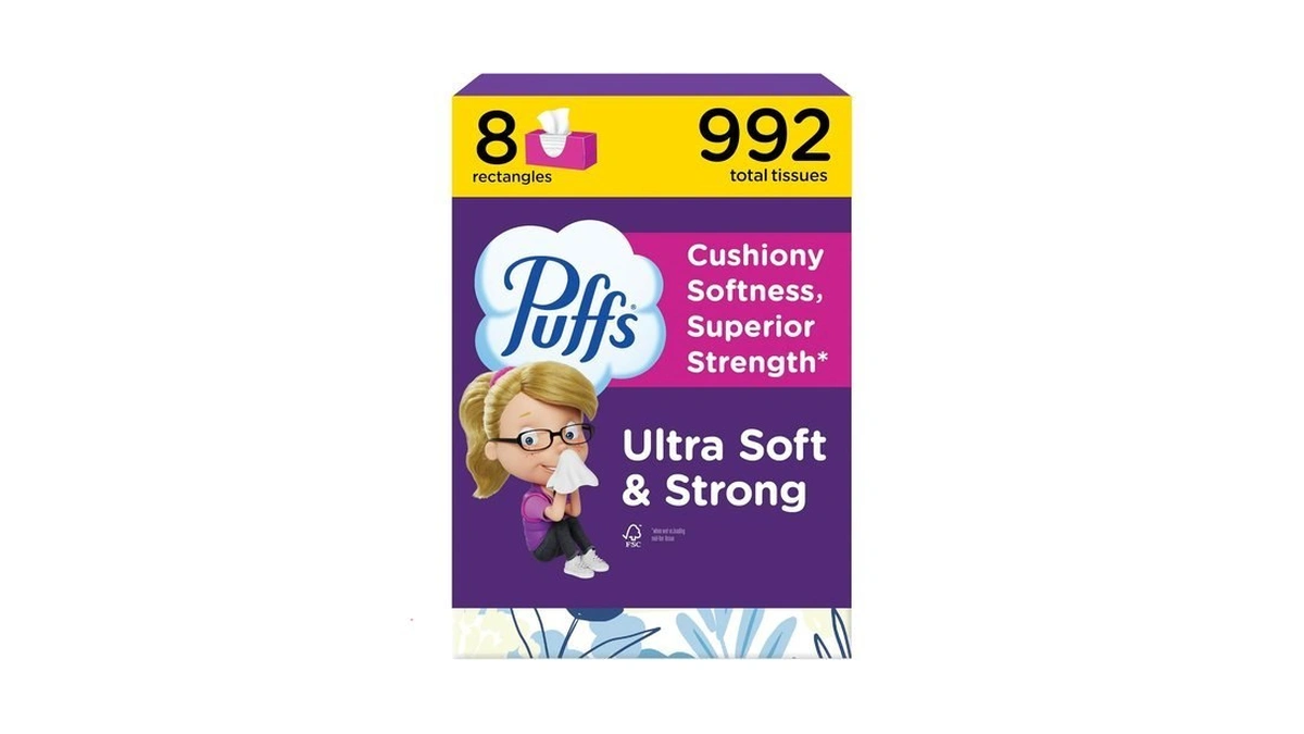 Puffs Facial Tissue Ultra Soft Non-lotion, 8 Rectangle Boxes, 124
