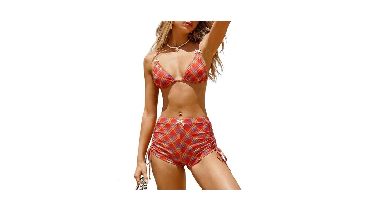 Zaful Women's Triangle Bikini Tie Back Plaid Shorts Bikini Sets,red,xl