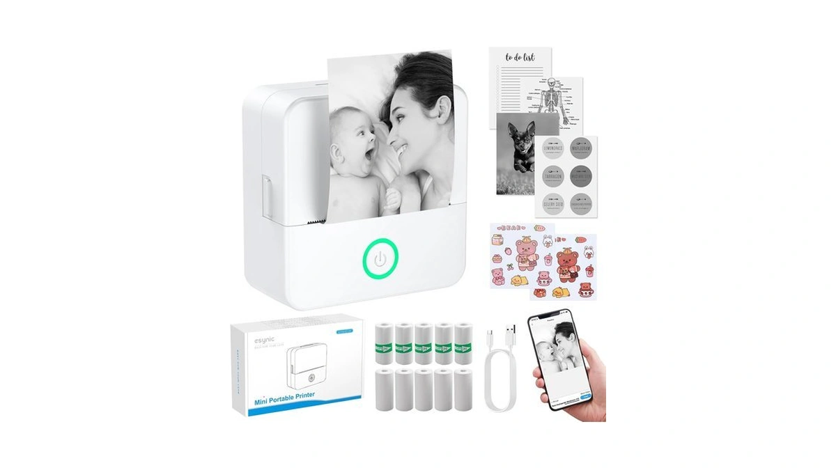 Esynic Portable Mini Sticker Printer-usb-c Rechargeable-bluetooth Mini Printer-lnkless Printing-210dpi Print