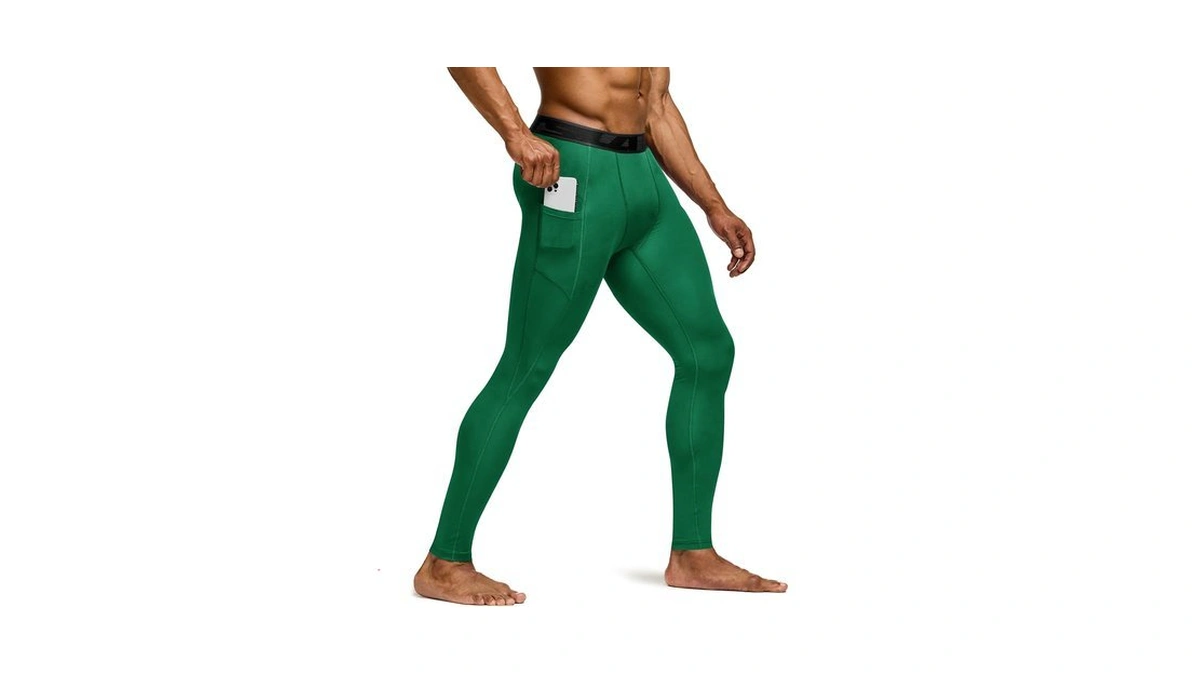 Tsla Men's Compression Pants With Pockets, Pocket Flash Green, Large